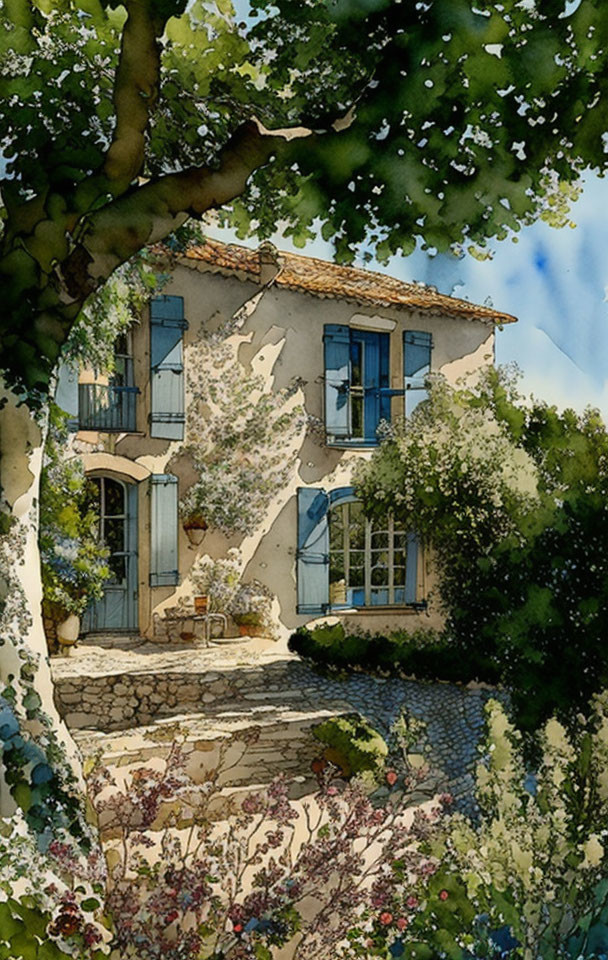 Charming two-story house with blue shutters in serene natural setting