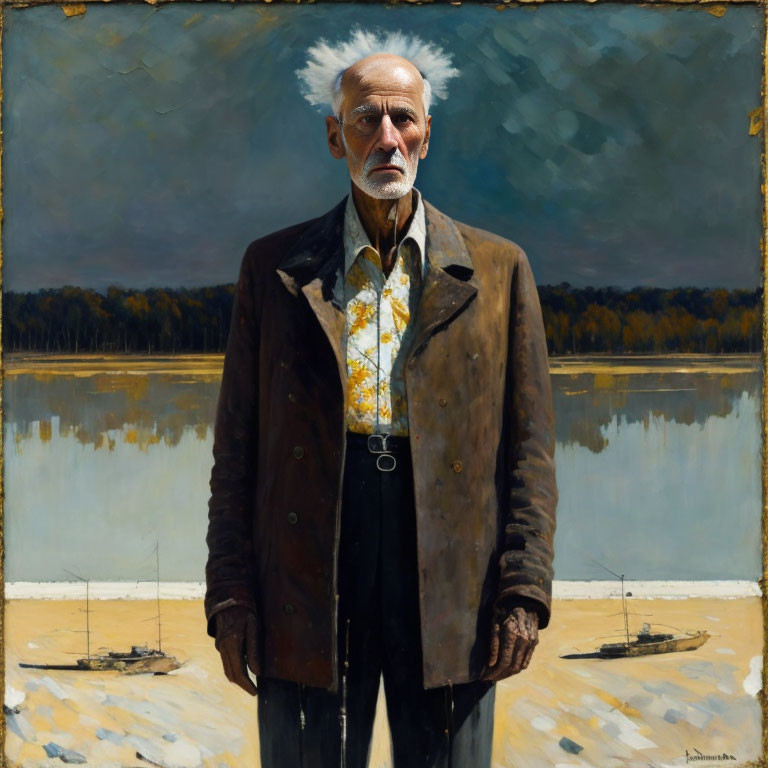 Elderly man with white hair on beach with lake and boats