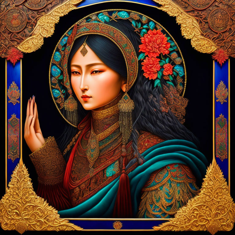 Detailed portrait of woman in Asian attire with ornate floral patterns, hands clasped.