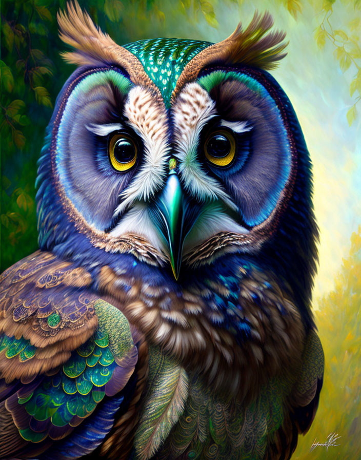 Vibrant owl illustration with intricate feathers and expressive eyes