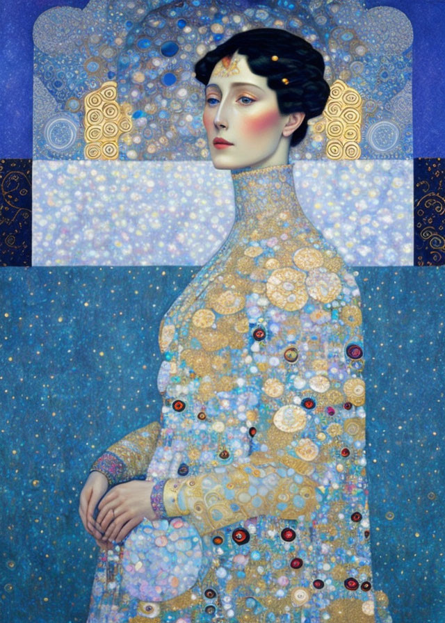 Stylized portrait of a woman with intricate patterns and celestial motifs in Klimt-inspired art.