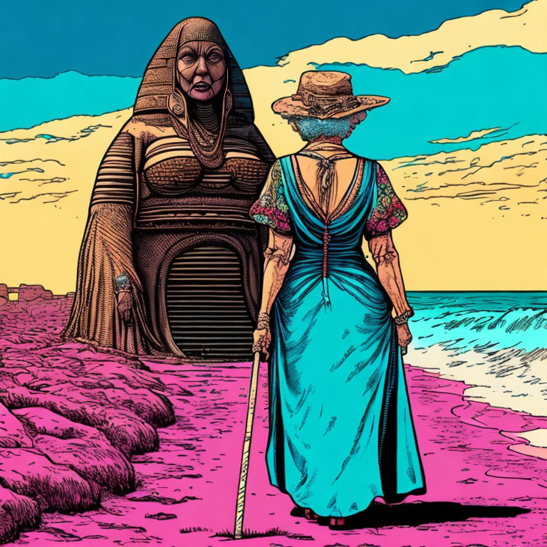 Illustration of giant sculpture-like woman and smaller woman with cane on beach