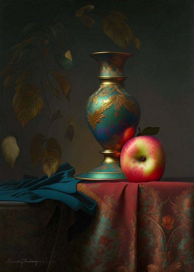 Golden vase and red apple on floral cloth: Classic still life evoked.