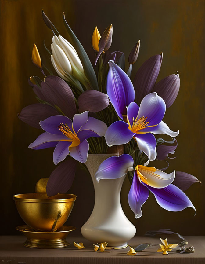 White Vase with Purple and White Flowers in Still-Life Painting