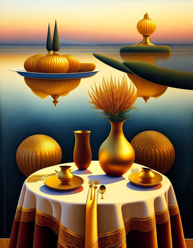 Surreal dining setup with golden utensils and wheat centerpiece