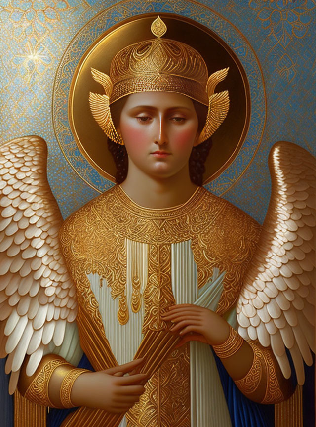 Angel with Golden Halo, Ornate Robe, Wings, and Serene Expression