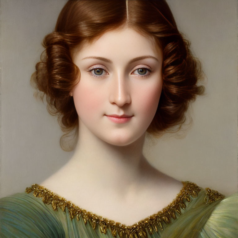 Portrait of Woman with Curly Hair and Blue Eyes in Green Dress