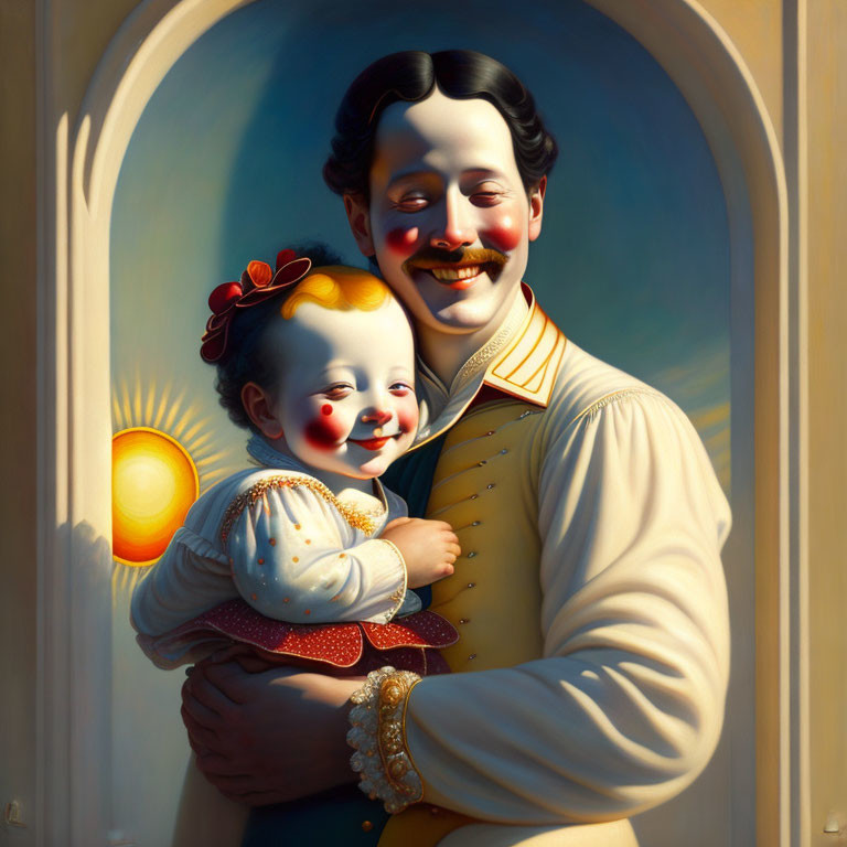 Surreal painting: Smiling man and baby with clown-like faces in vintage costume by arched