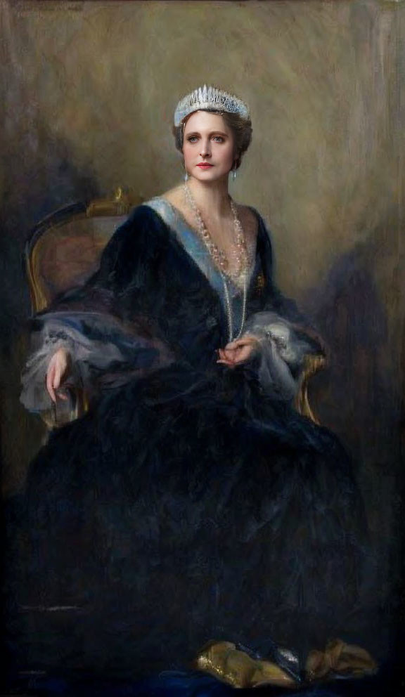 Vintage Attire Woman with Pearl Necklace and Tiara Seated on Chair