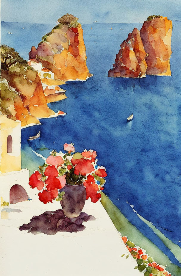 Colorful Watercolor Painting: Coastal Scene with Red Flowers, Cliffs, and Boat