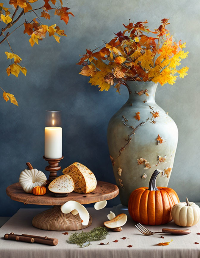 Autumn Still Life with Large Vase, Pumpkins, Candle, Bread, and Spices