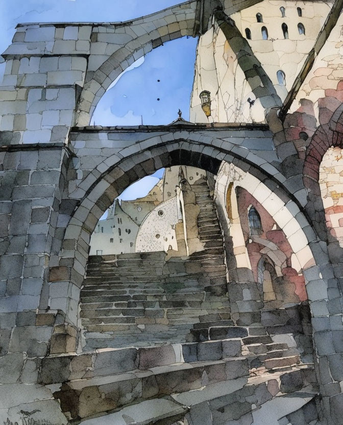 Medieval stone staircase watercolor painting with detailed textures