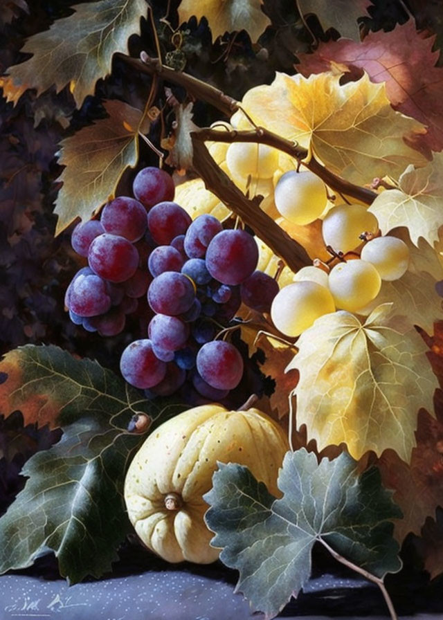 Vibrant still life painting with grapes, leaves, and gourd on dark background