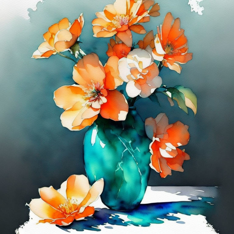 Orange Flowers in Turquoise Vase on Gradient Background