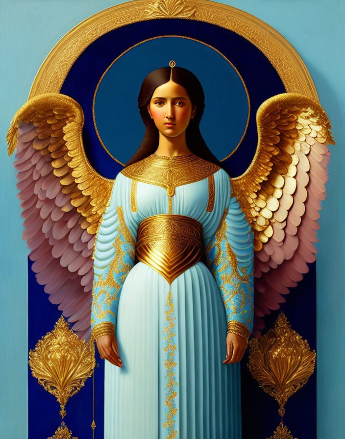 Winged figure with halo in blue and gold holding scepter and feather