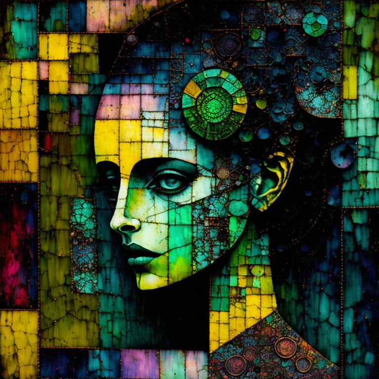 Colorful mosaic digital artwork of woman's profile with circular patterns