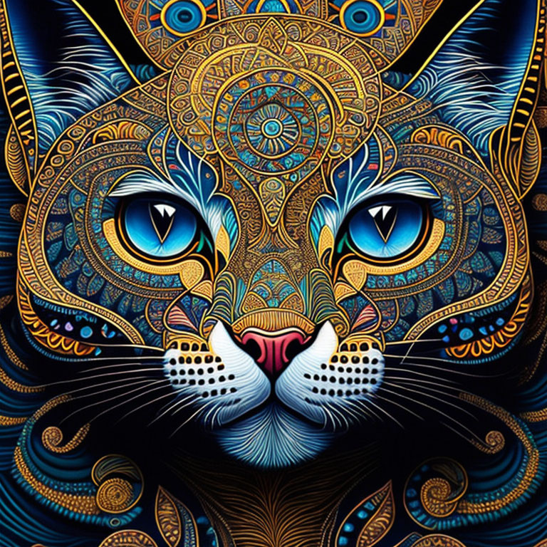 Stylized cat digital art with gold and blue patterns