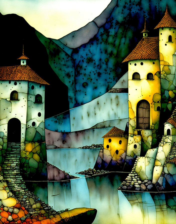 Colorful Village Painting with Medieval Buildings and Reflective Water