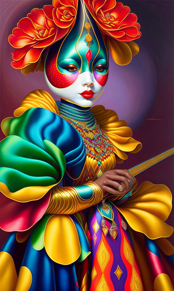 Vibrant figure with floral headgear playing string instrument