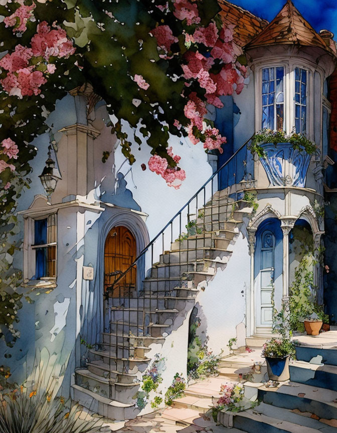 Quaint two-story house with curved staircase and blue door in watercolor