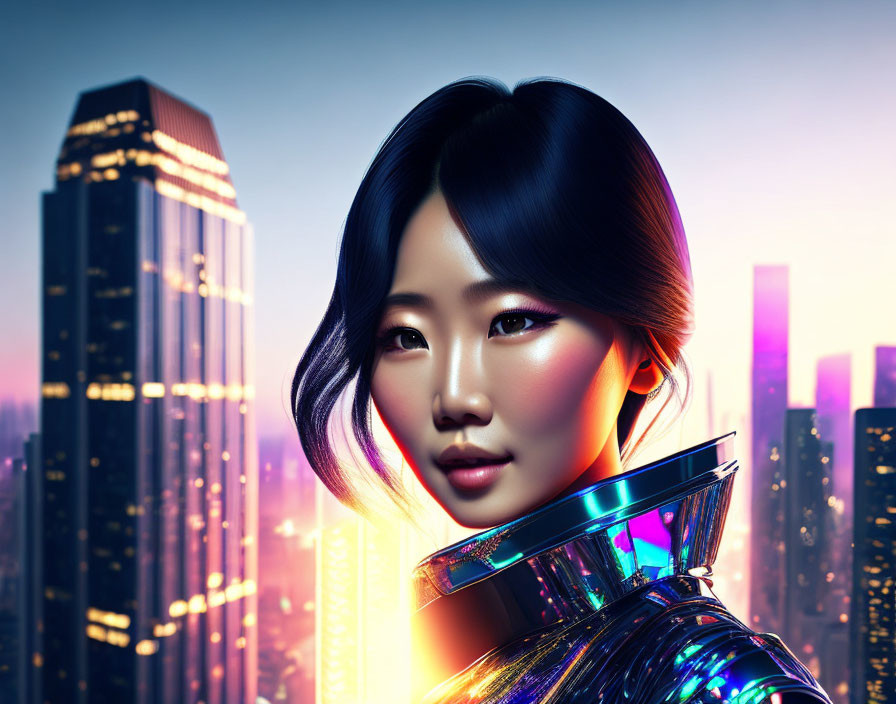 Iridescent Woman in Sleek Attire Amid City Twilight