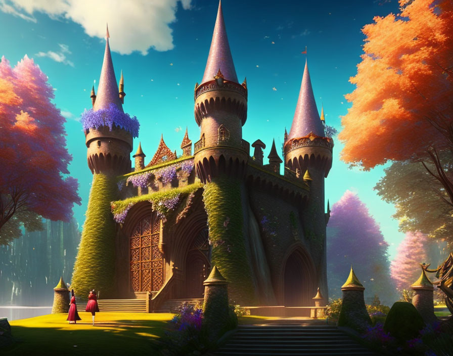 Fantasy castle with spires, purple trees, figures approaching