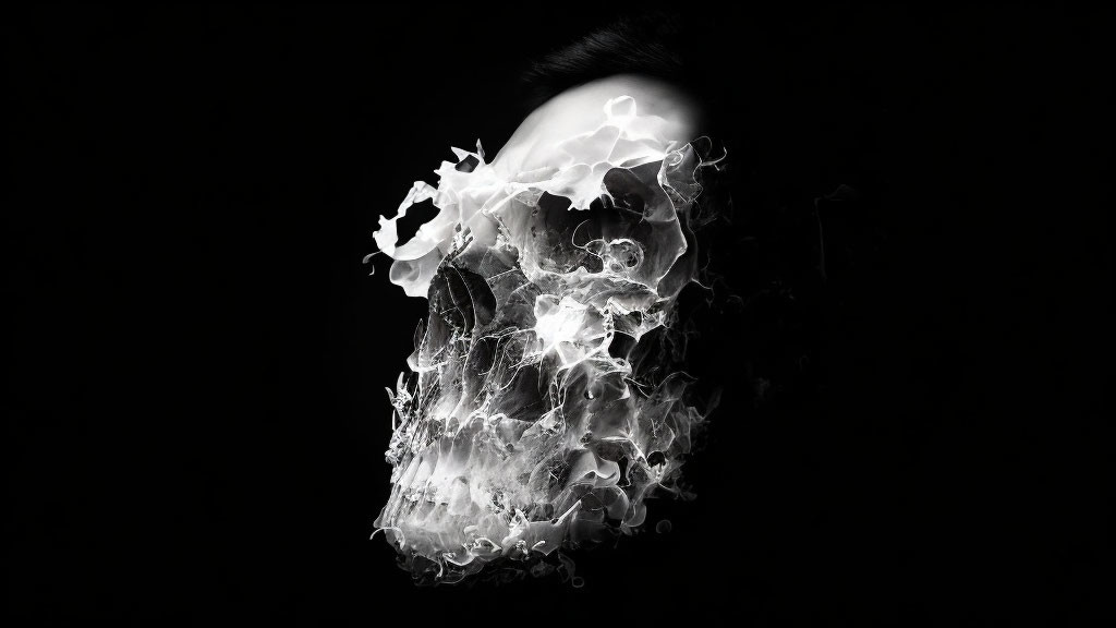 Human skull profile with white smoke on black background