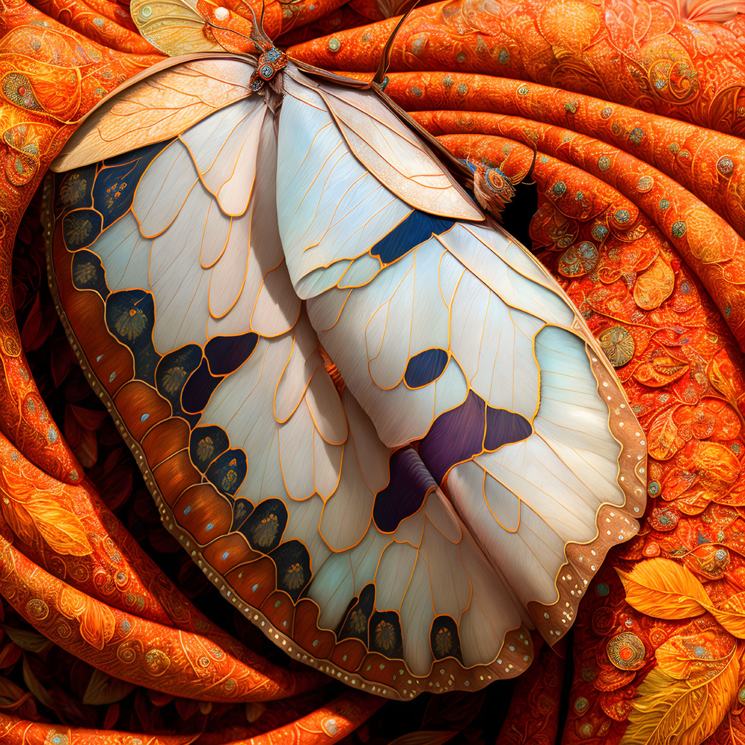 White and Brown Butterfly with Intricate Wing Patterns on Orange Floral Fabric