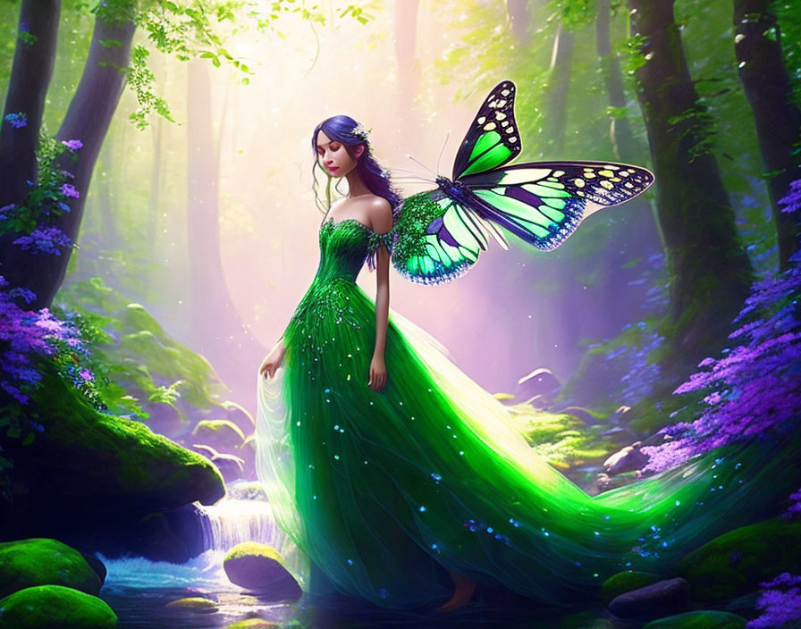 Digital artwork: Woman with butterfly wings in mystical forest wearing green dress