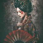 Traditional Japanese attire woman with elaborate hairstyle and floral adornments.