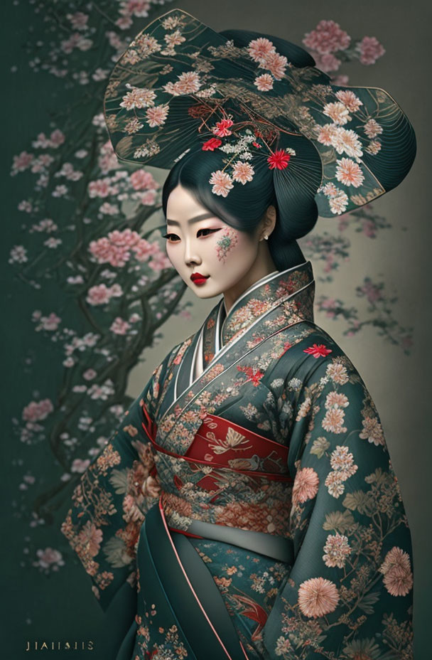 Traditional Japanese attire woman with elaborate hairstyle and floral adornments.