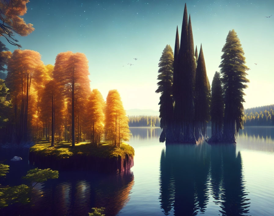 Tranquil lake scene with orange-leafed islands under starry twilight sky