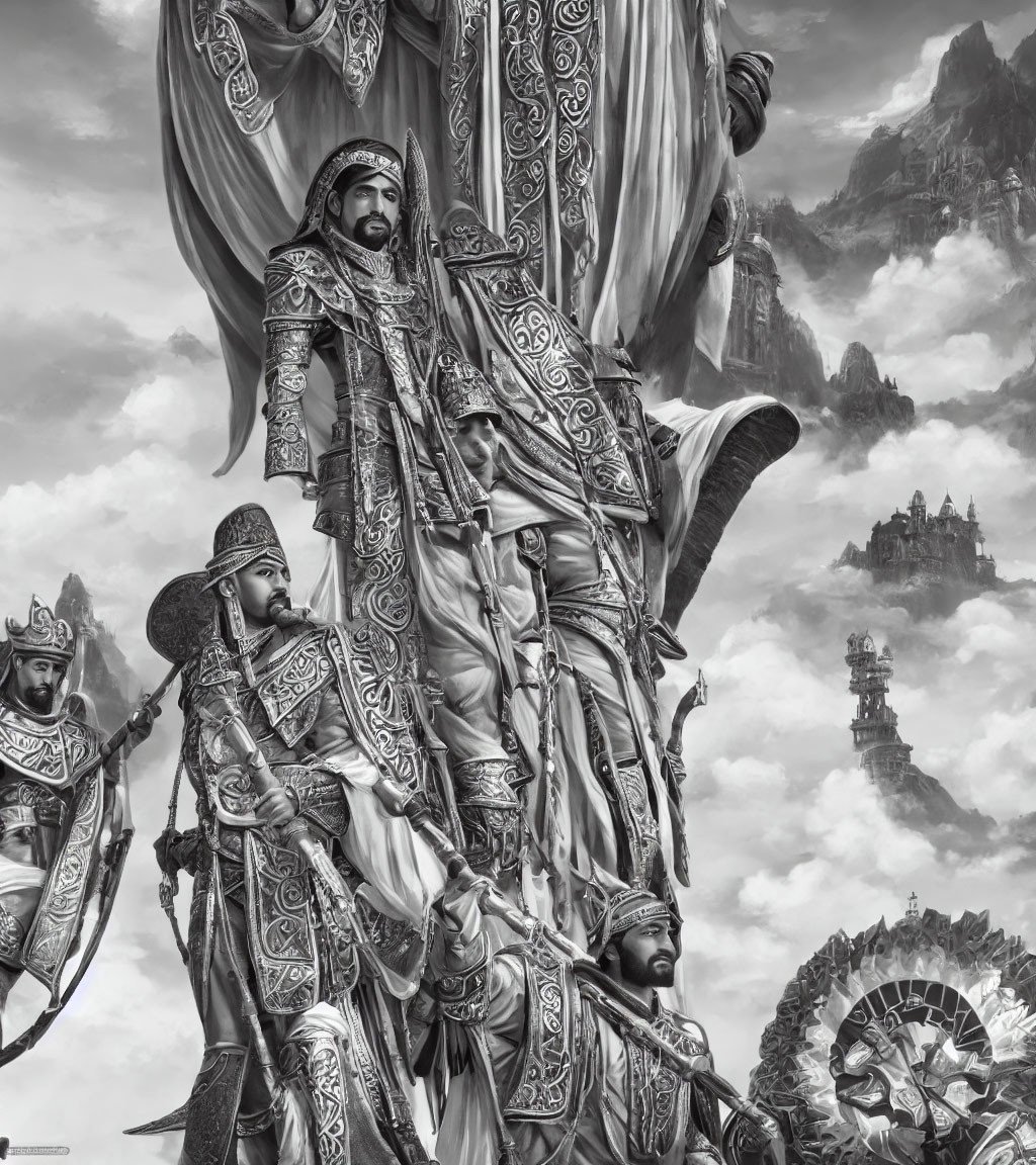 Monochrome illustration of regal figures in ornate armor with dramatic sky and castles.