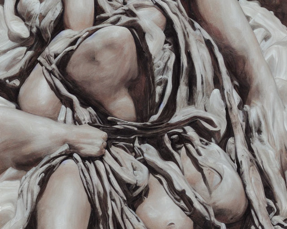 Monochromatic Artwork of Entwined Human Figures with Dynamic Drapery