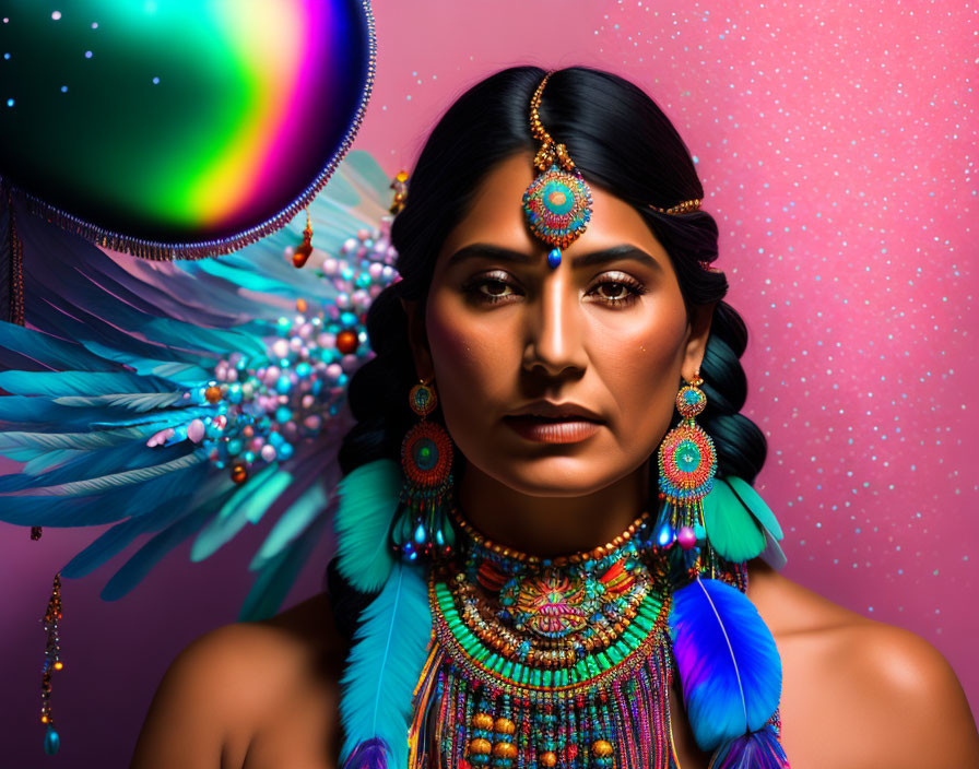 Woman in turquoise and blue jewelry on pink background with orb and feathers