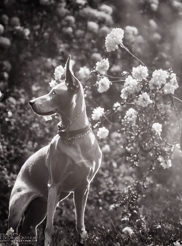 Monochrome image: Attentive Doberman dog in blooming flowers