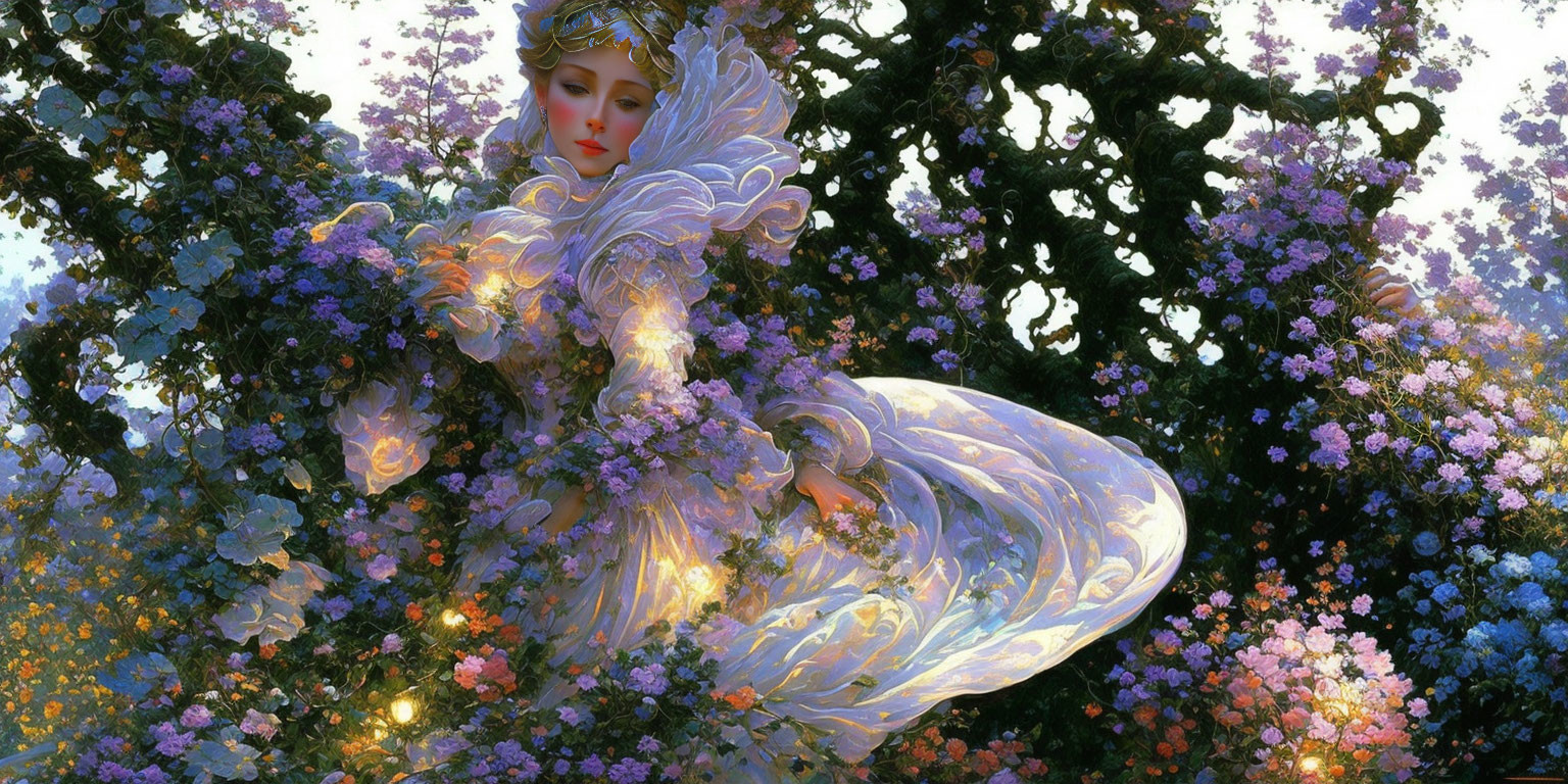 Fantastical feminine figure with angelic wings in ornate floral attire amidst blooming tree