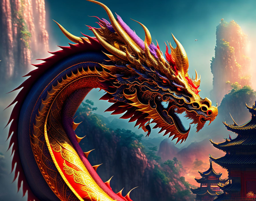 Detailed Chinese dragon illustration with golden horns and scales in misty mountain setting