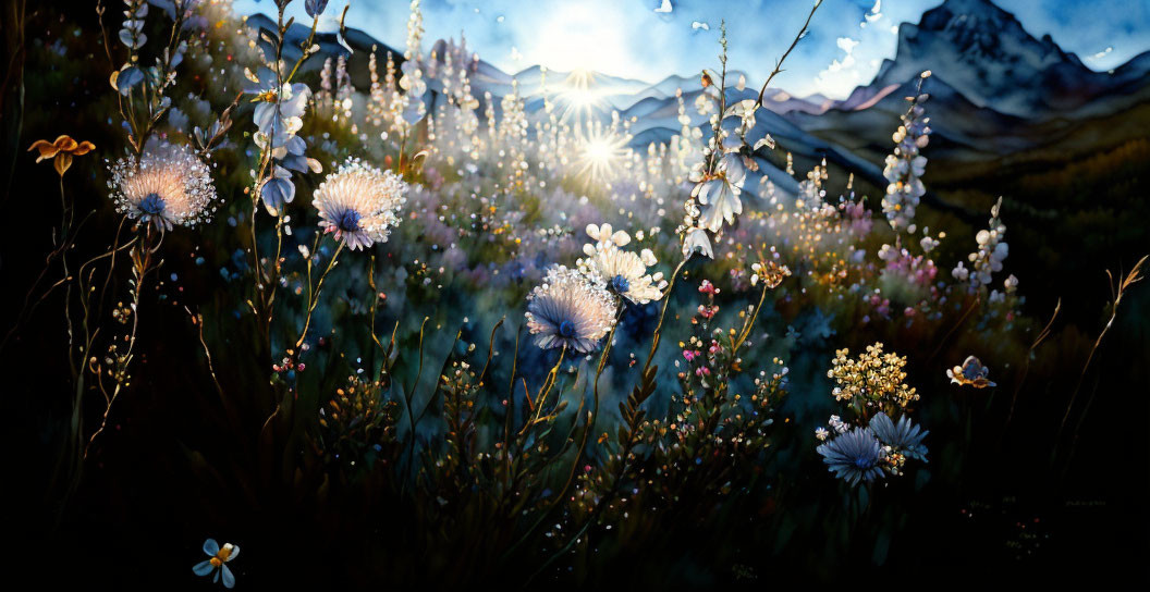 Panoramic landscape painting: flowers, mountains, radiant sunset