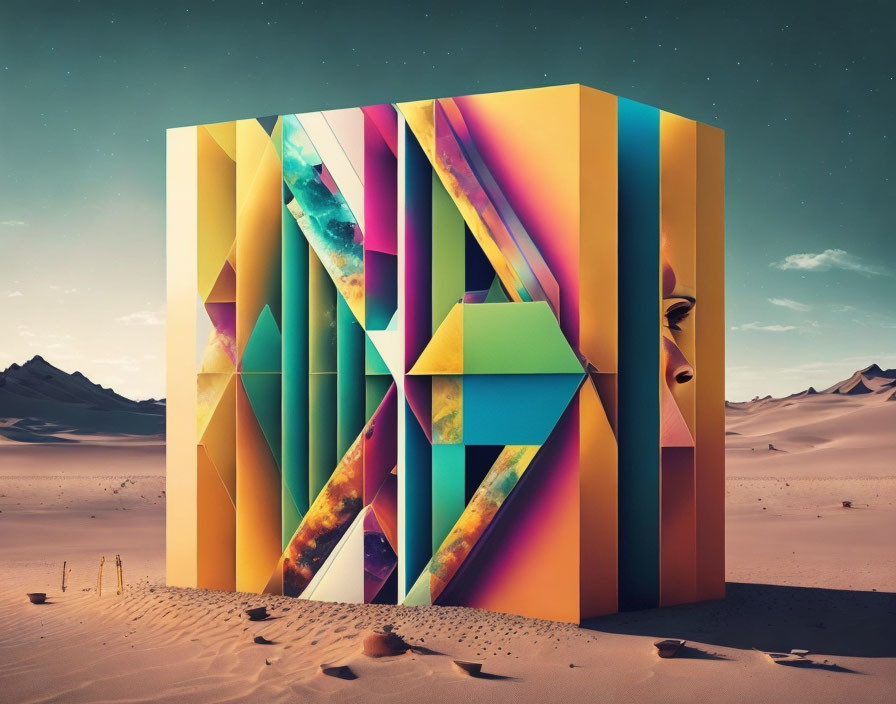 Vibrant abstract geometric structure in desert landscape