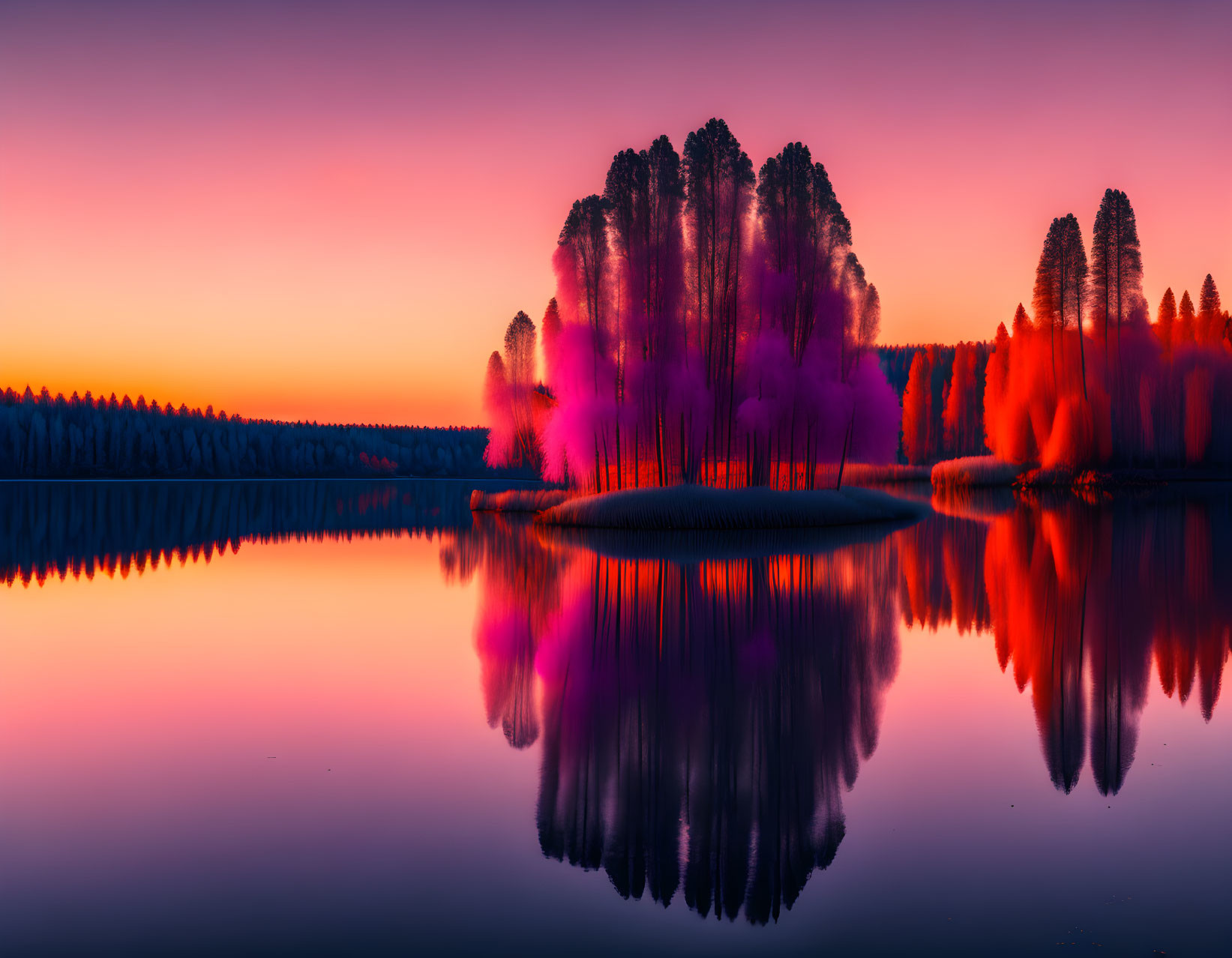 Tranquil lake at sunset with pink and orange hues reflecting on water.