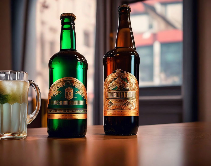 Intricately labeled beer bottles on wooden table with city view and glass mug.