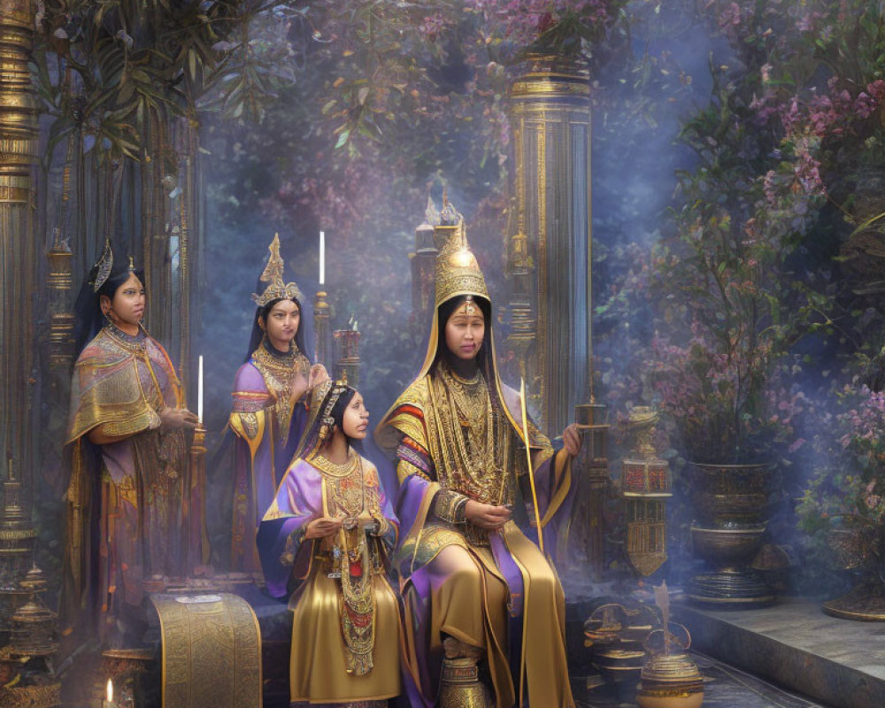 Four individuals in traditional attire in mystical temple setting