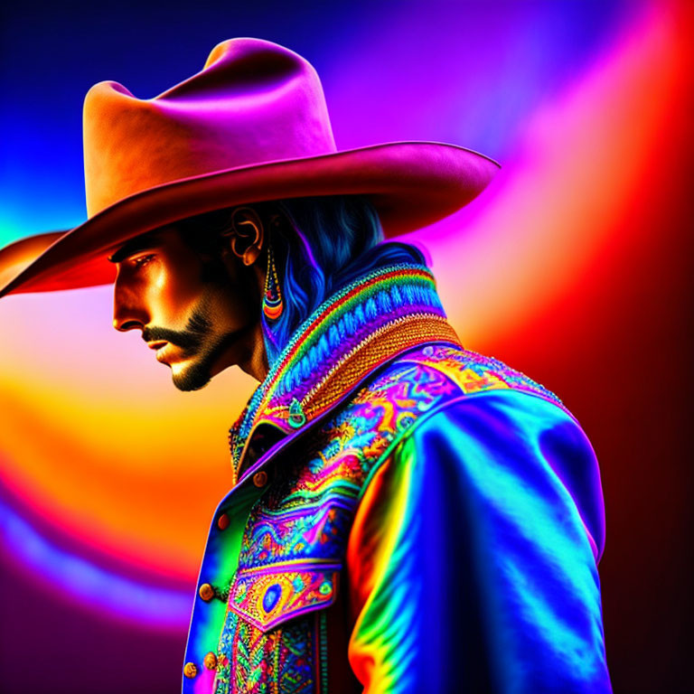 Colorful digital artwork of a cowboy hat man in neon colors.