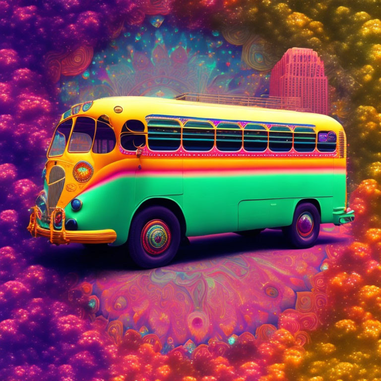 Colorful vintage bus with psychedelic patterns and swirling cosmic background.