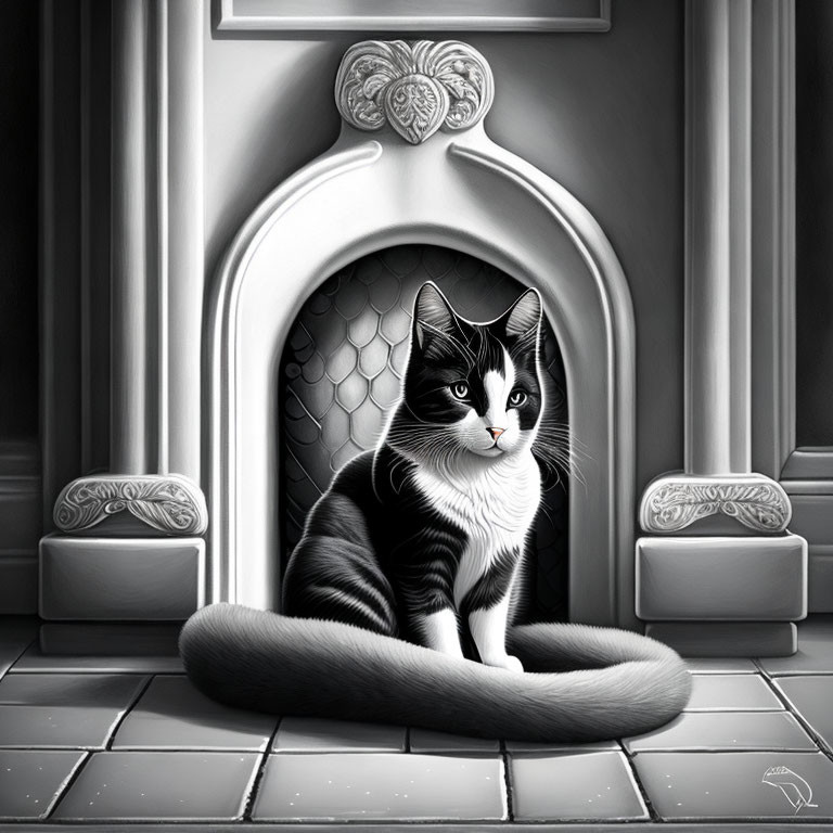 Black and white cat resting in decorative fireplace setting