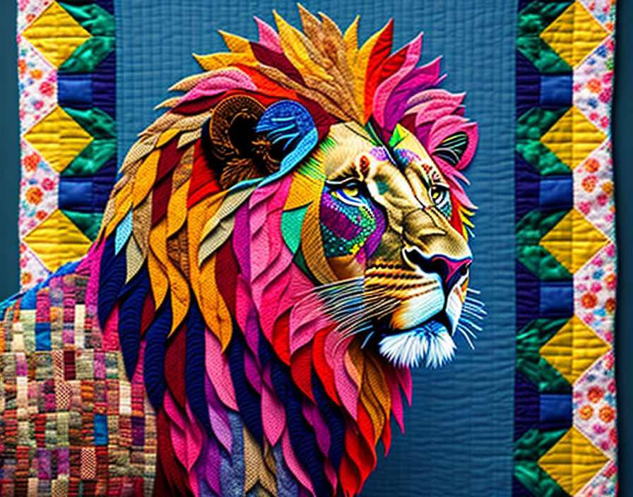 Colorful Lion Artwork on Quilted Geometric Background