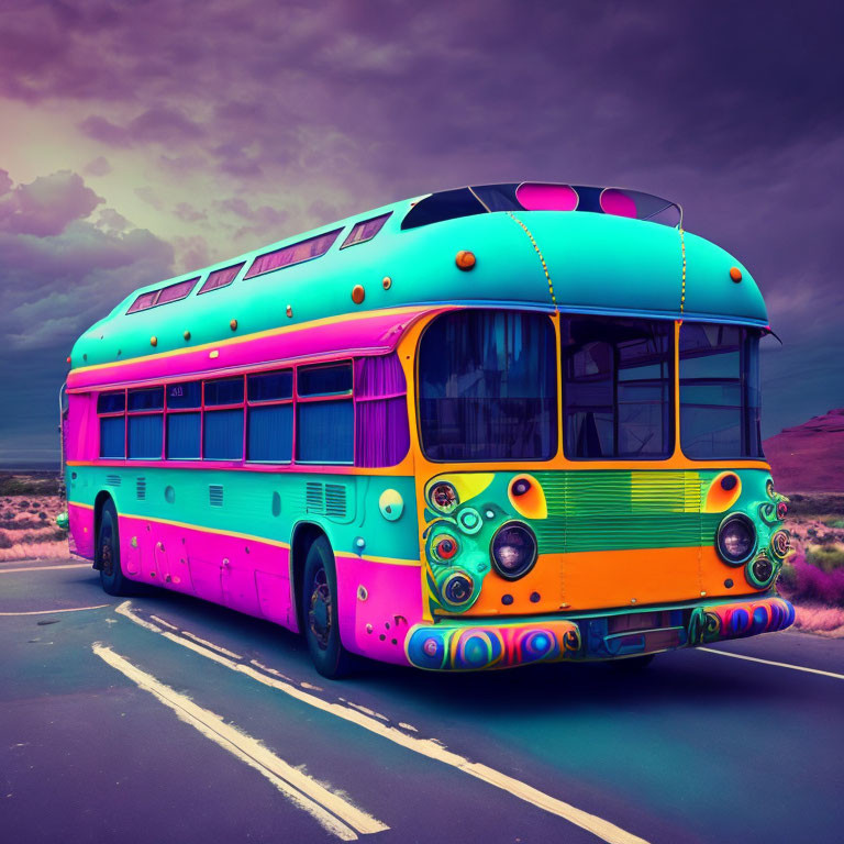 Colorful Psychedelic Bus on Deserted Road under Purple Sky