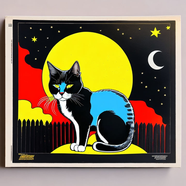 Colorful Cat Illustration with Moon, Stars, and Fence