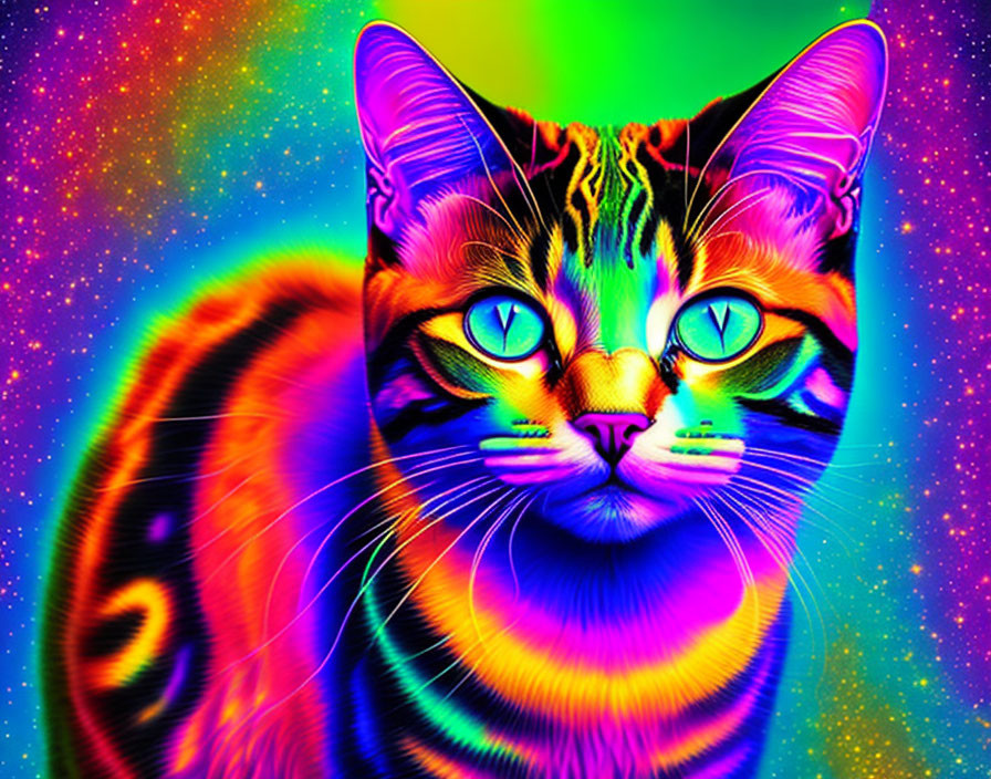 Colorful Psychedelic Cat Art with Neon Rainbow Palette and Blue Eyes